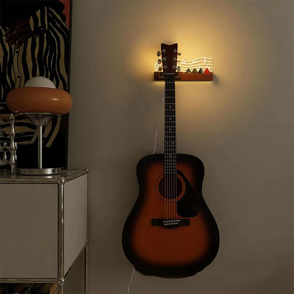 Support Mural Guitare Bois LED avec guitare posée dessus