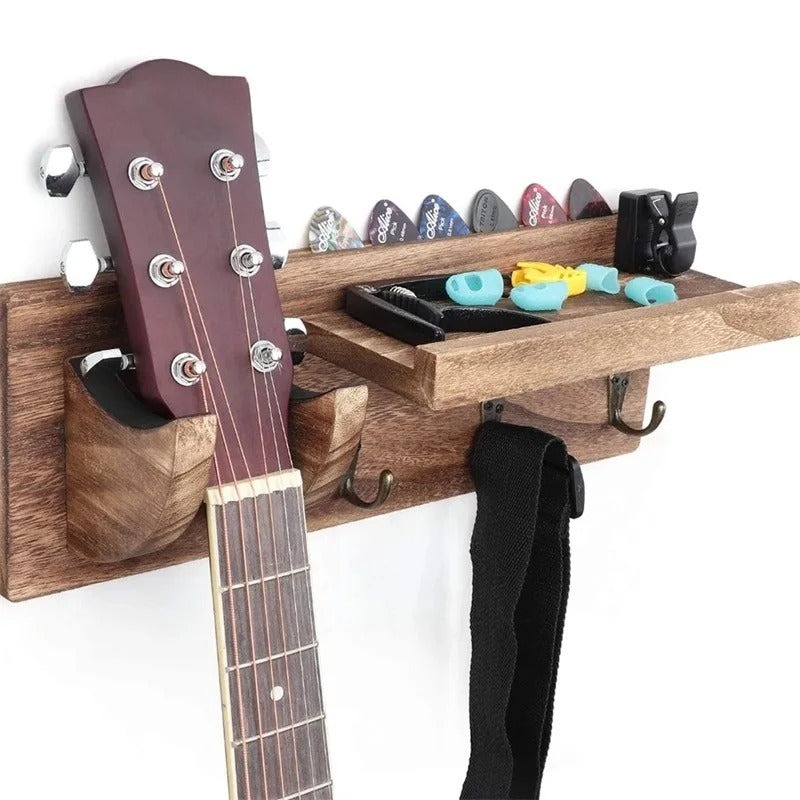 Support guitare mural décoratif avec crochets pour sangle et étagère à médiators