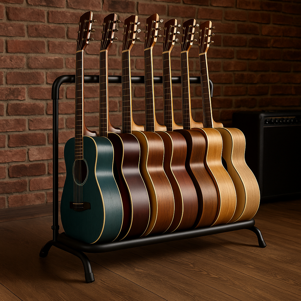 Support 7 guitares en métal noir avec guitares acoustiques dans un studio musique