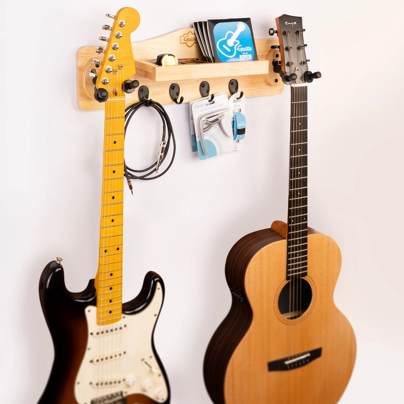 support guitare en bois avec deux guitares posés dessus et rangement